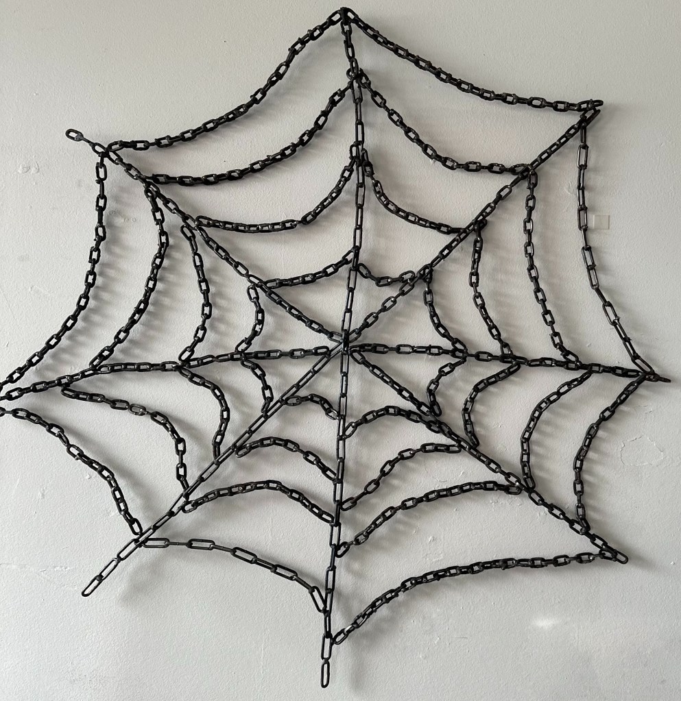 spiderweb made out of chains, metal sculpture wall hanging