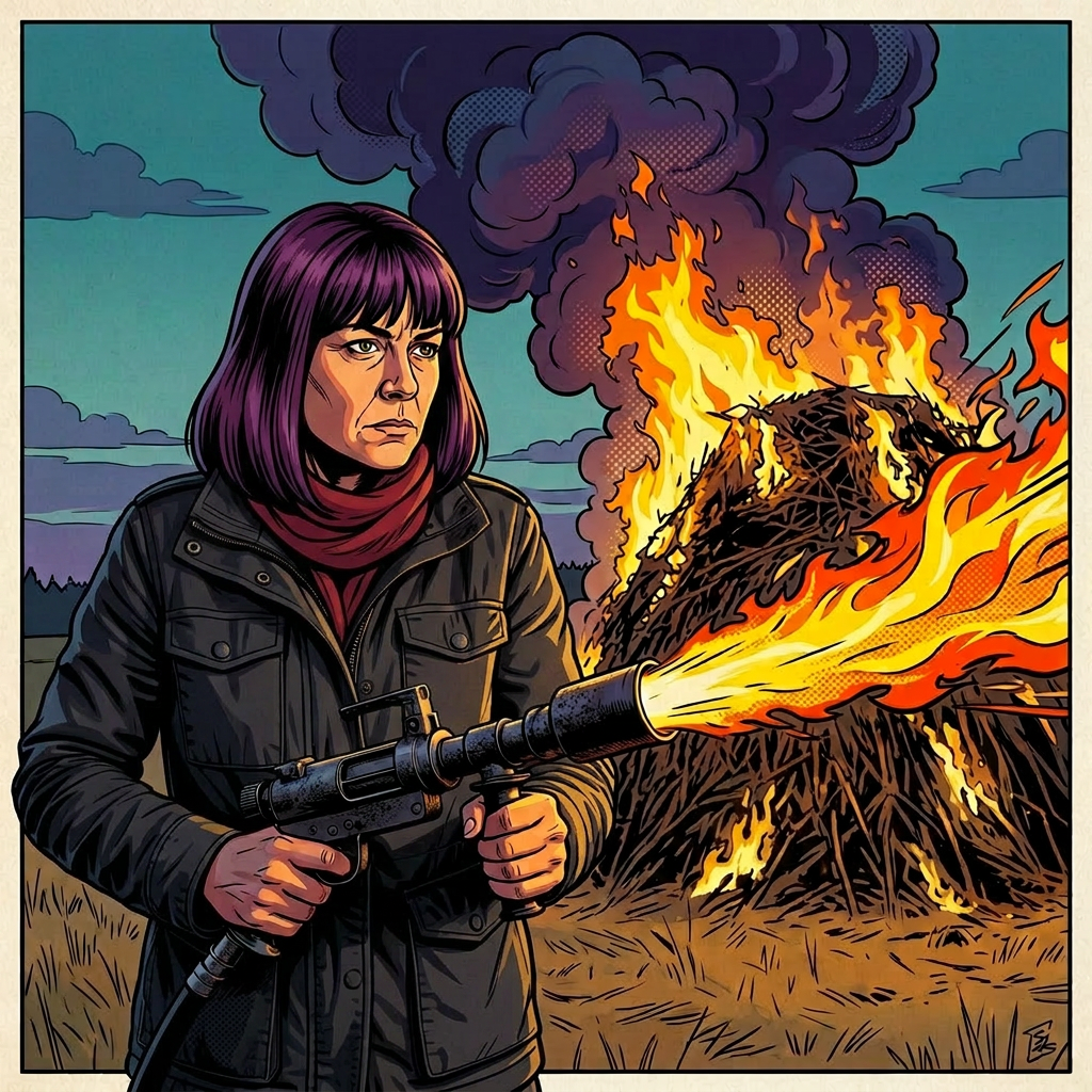 Three people standing near a large hay bonfire burning in an open field at dusk